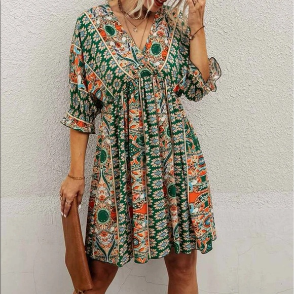 Boho Green Floral Print Ruffle Sleeve Mini Dress Cottagecore - Picture 5 of 8